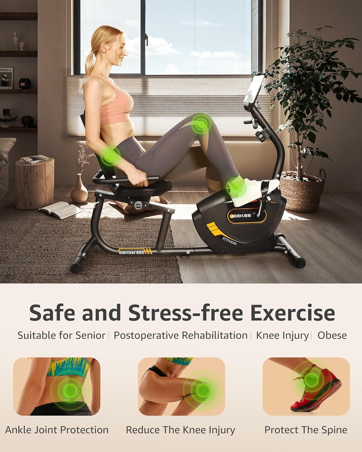 **JEEKEE Recumbent Exercise Bike for Seniors & Adults - 300LB Weight Capacity, 16-Level Magnetic Resistance, Heart Rate Monitor - Home Gym Equipment for Low-Impact Workouts & Physical Therapy**