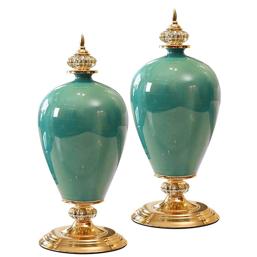 2X 42cm Ceramic Oval Flower Vase with Gold Metal Base - Green Home Decor for Living Room, Wedding Centerpiece, Office Desk Decor