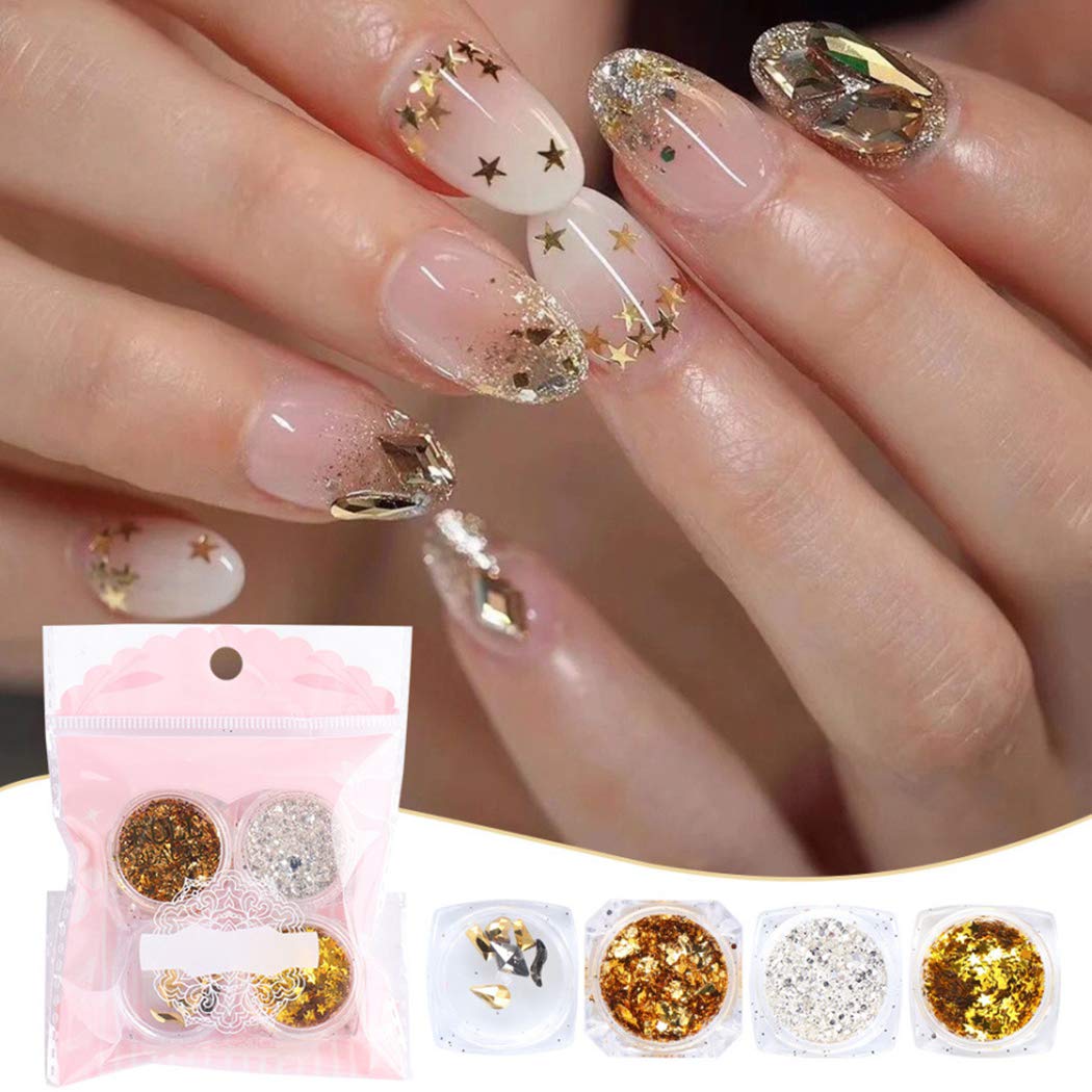 Anjetan 4 Pack Nail Sequins Glitter Flakes - Shining Nail Art Decorations for Acrylic Nails, Manicure, Pedicure & DIY Nail Designs - Perfect for Parties, Weddings, Salons & Home Nail Care