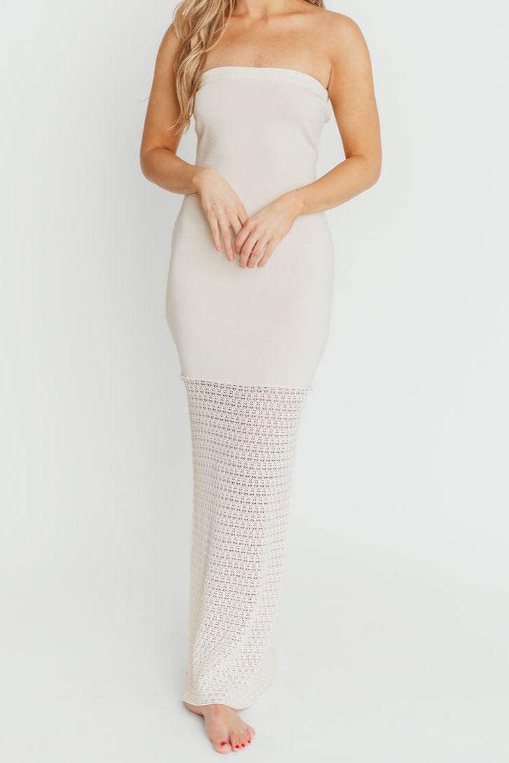 Arya Crochet Bottom Midi Dress in Cream - Elegant Boho Summer Dress for Beach, Wedding & Vacation | Women's Floral Lace Dress