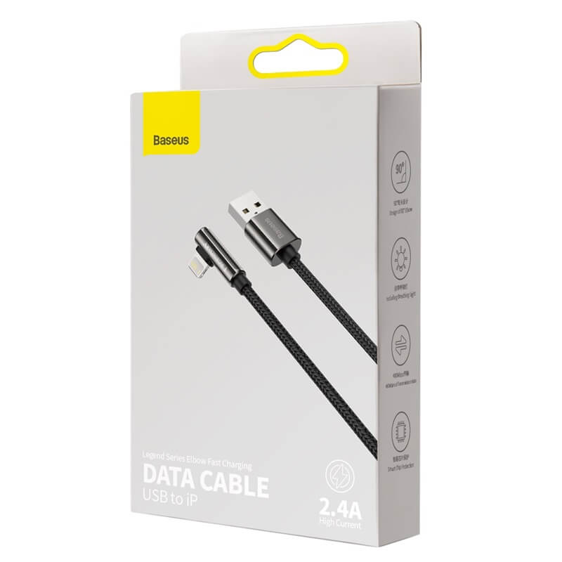 BASEUS 1M 90° Elbow USB to Lightning Cable (2.4A Fast Charging) - Durable L-Shaped iPhone Charger for iPhone 14/13/12/11/X/8 | Perfect for Gaming, Driving & Bedside Charging