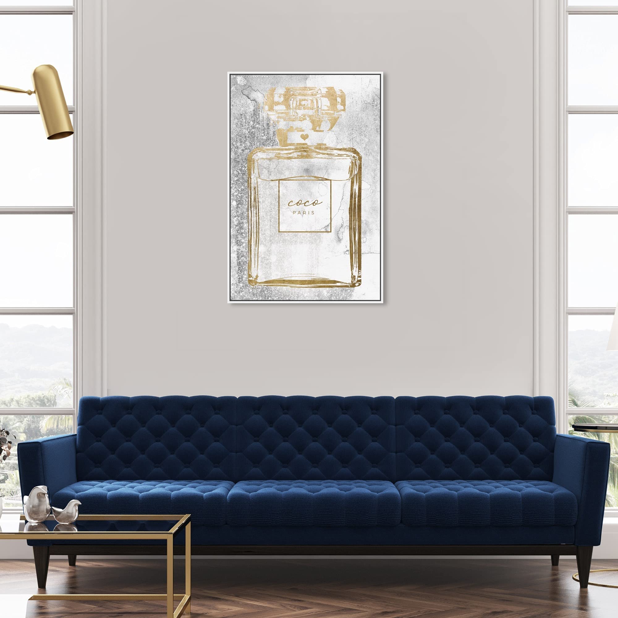 Oliver Gal Fashion & Glam Gold Infinite Perfume Wall Art Canvas Print - 24x36 Inches with White Frame - Elegant Home Decor for Living Room, Bedroom & Office