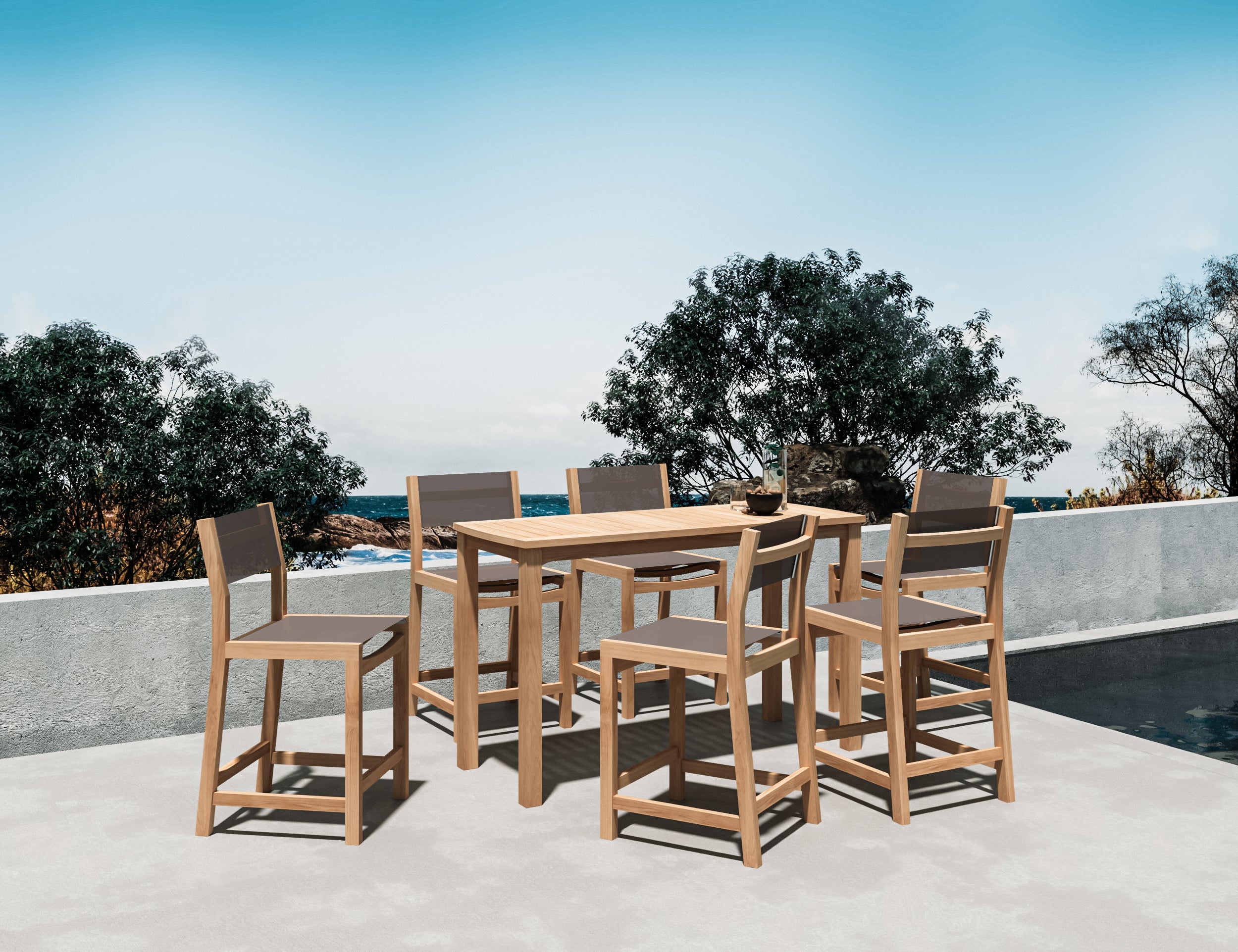 Premium 7-Piece Teak Outdoor Dining Set - Rectangular Counter Height Table with Taupe Cushions - Perfect for Patio, Garden, and Poolside Entertaining