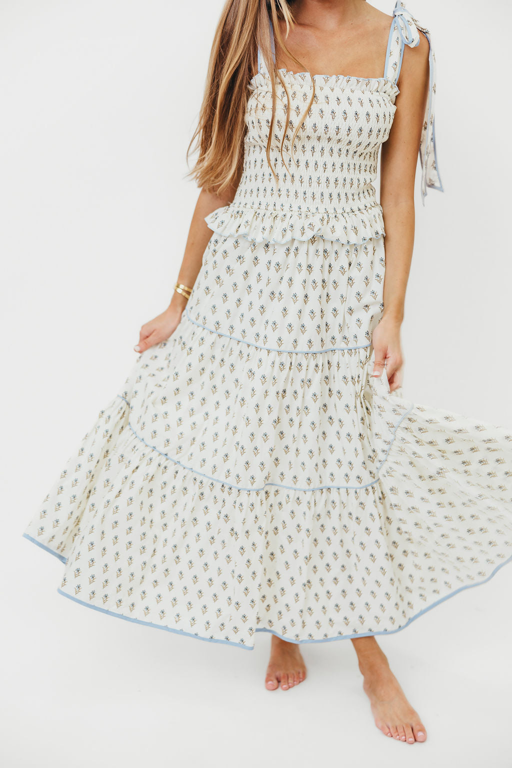Calypso Floral Print Smocked Bodice Tiered Midi Dress in Cream | Women's Summer Boho Dress for Beach, Wedding & Vacation | Lightweight Flowy Dress with Elastic Waist