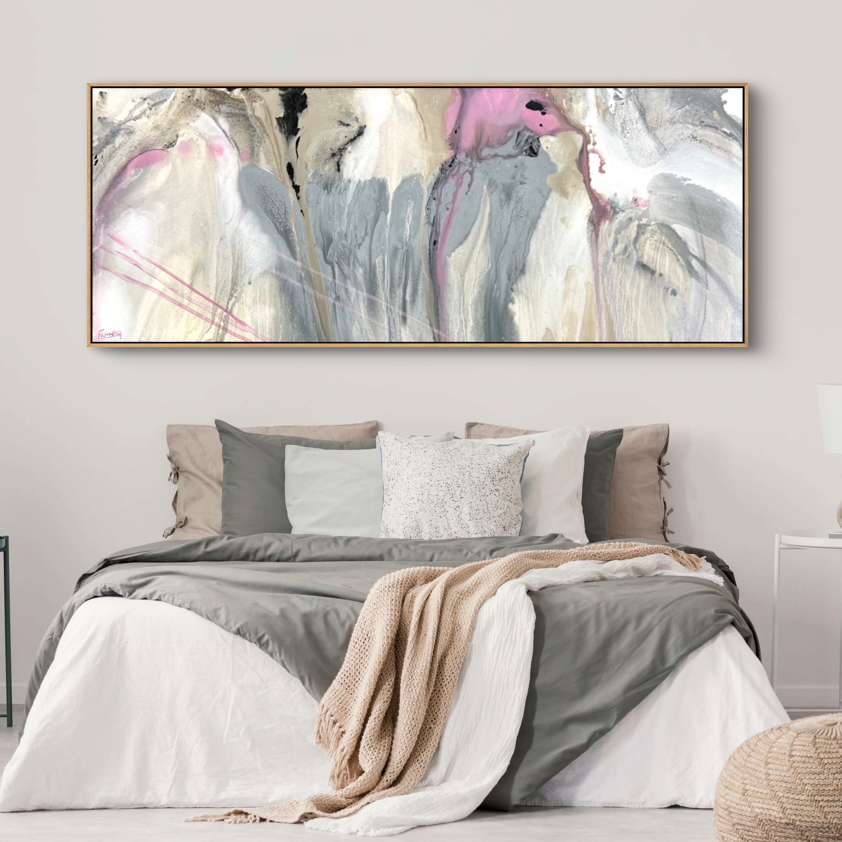 Refined 881 Abstract Painting - 200cm x 80cm Grey Pink White Malt Blended Canvas Art for Modern Living Room & Office Wall Decor