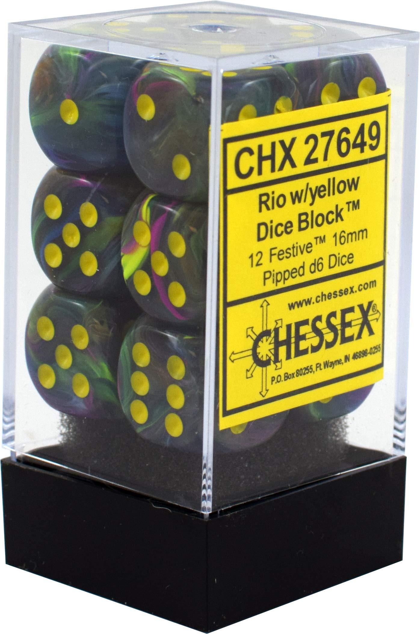Festive Rio Marble Swirl Chessex Dice d6 Sets with Yellow Pips - 16mm Six Sided Gaming Dice (12-Piece Block) for D&D, RPGs, Board Games & Tabletop Adventures