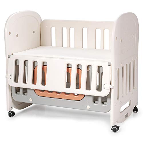 BABY JOY 6-in-1 Convertible Baby Crib with Mattress - Rocking Bassinet, Toddler Bed & Playard with Storage & Wheels | Nursery, Bedroom & Travel Use