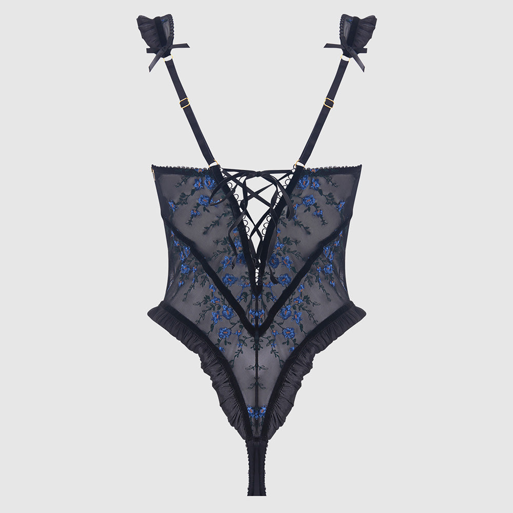 House of Desire Harper Floral Embroidery Ruffle Mesh Teddy Lingerie Set - Sexy Lace Underwear for Women, Romantic Valentine's Gift - Perfect for Date Night & Boudoir Photography