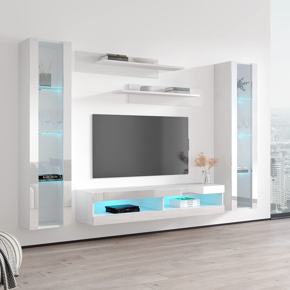 Modern Floating TV Stand with Storage & LED Lights - Wall-Mounted Entertainment Center Console for Bedroom & Living Room - White TV Cabinet with Shelves - Perfect for Small Spaces & Home Theater Setup