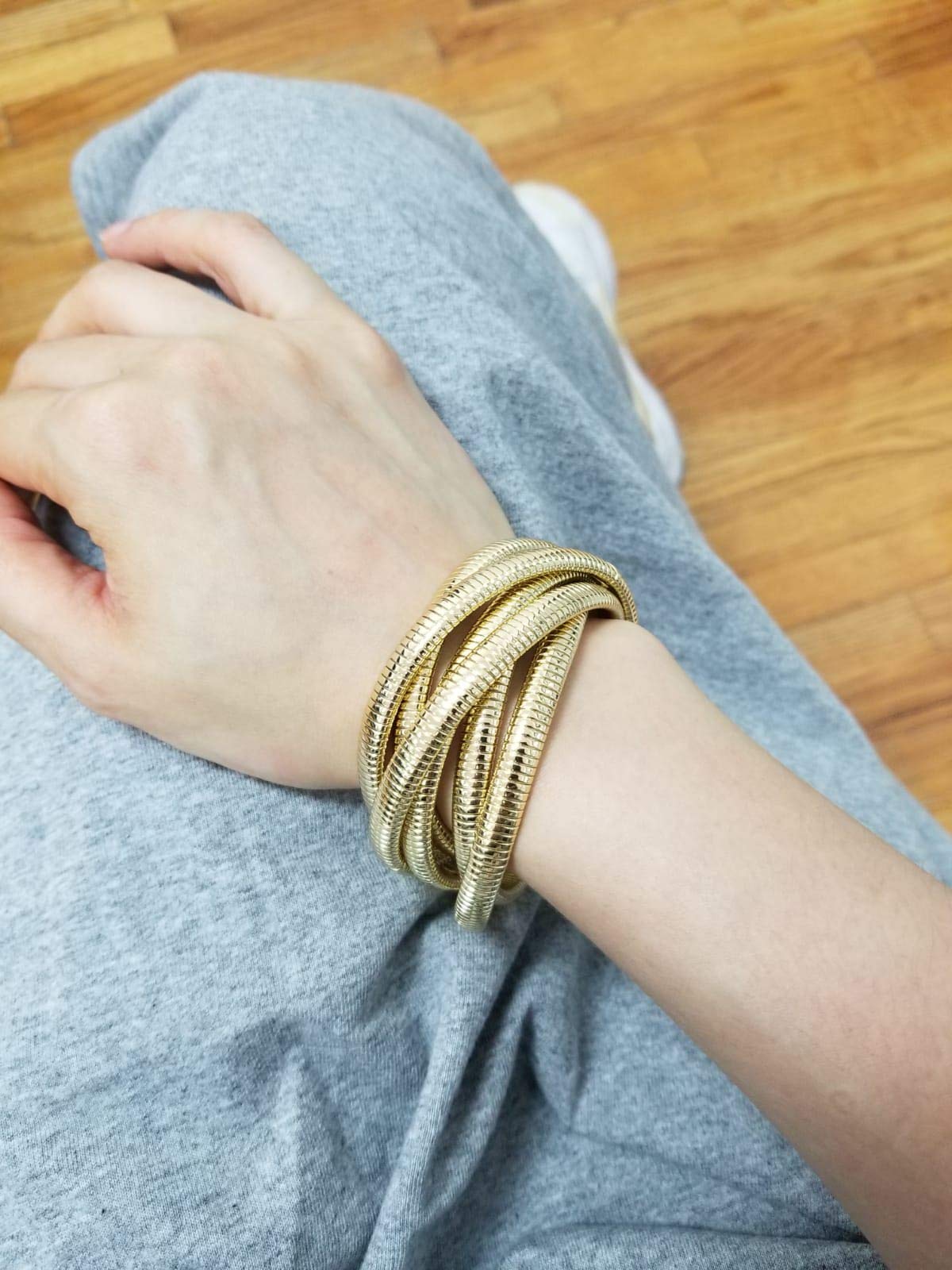 JR JOY & RACHEL 14K Gold Plated Stretch Bracelet - 6 Rows Twisted Design, High Polished Finish, 7.5 Inch Adjustable Bangle - Perfect for Women's Daily Wear, Gift Giving & Special Occasions