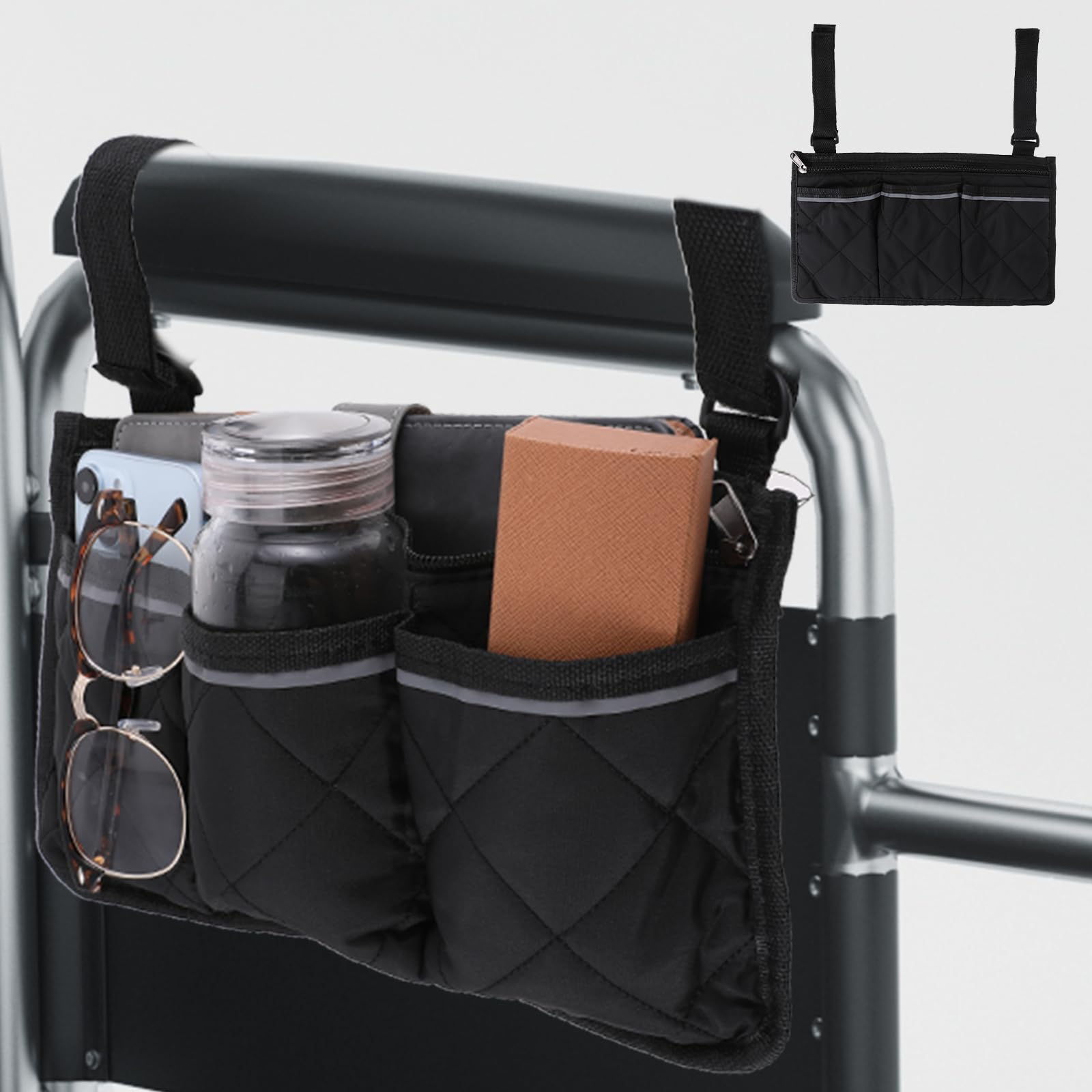 Waterproof Wheelchair Side Bag with Reflective Stripe - Armrest Organizer for Walker & Rollator - Travel & Daily Use
