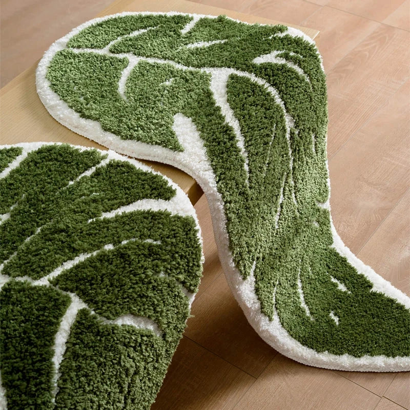 Non-Slip Monstera Leaf White Bath Mat - Soft Absorbent Bathroom Rug for Shower, Tub & Vanity - Modern Home Decor for Bathrooms