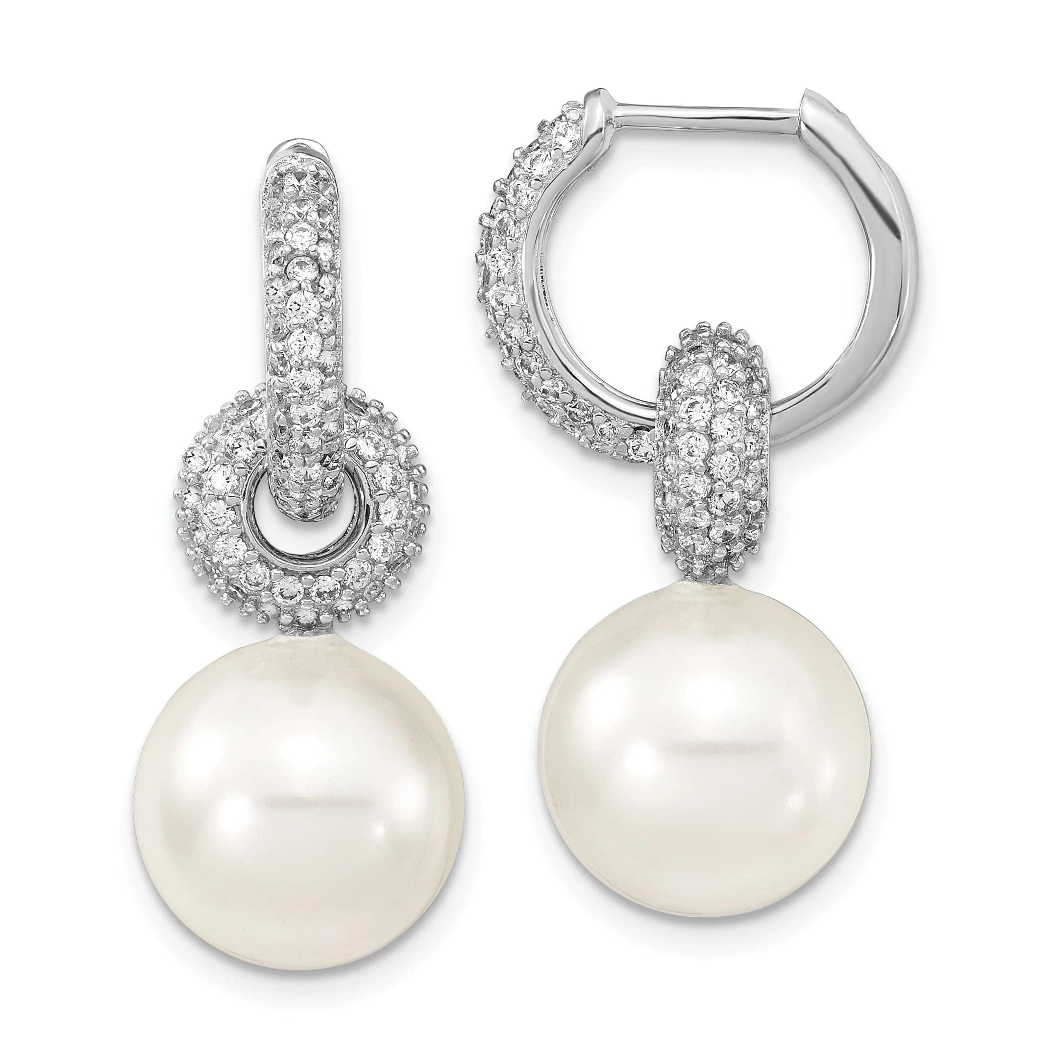 Majestik Sterling Silver 12-13mm White Shell Bead & Cubic Zirconia Hoop Earrings for Women - Elegant Boho Jewelry for Parties, Weddings & Everyday Wear