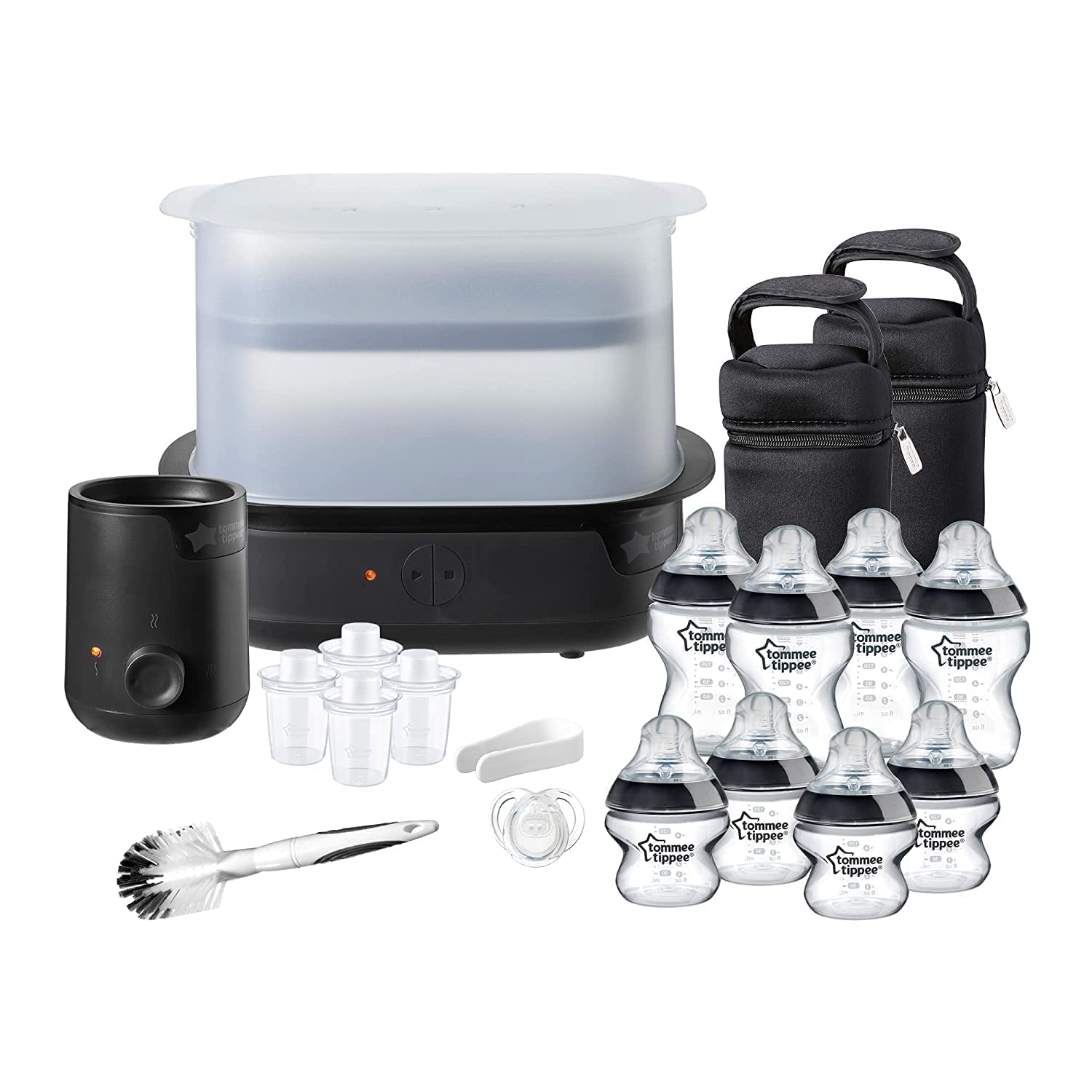 Tomee Baby Bottle Sterilizer and Warmer with 8 Bottles - Complete Feeding Set in Black - Perfect for Newborns, Travel & Daycare Use