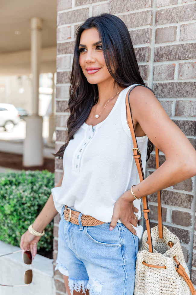 Missed Connection Ivory Waffle Henley Tank Top for Women - Soft Cotton Summer Casual Wear - Perfect for Beach, Vacation & Everyday Outfits