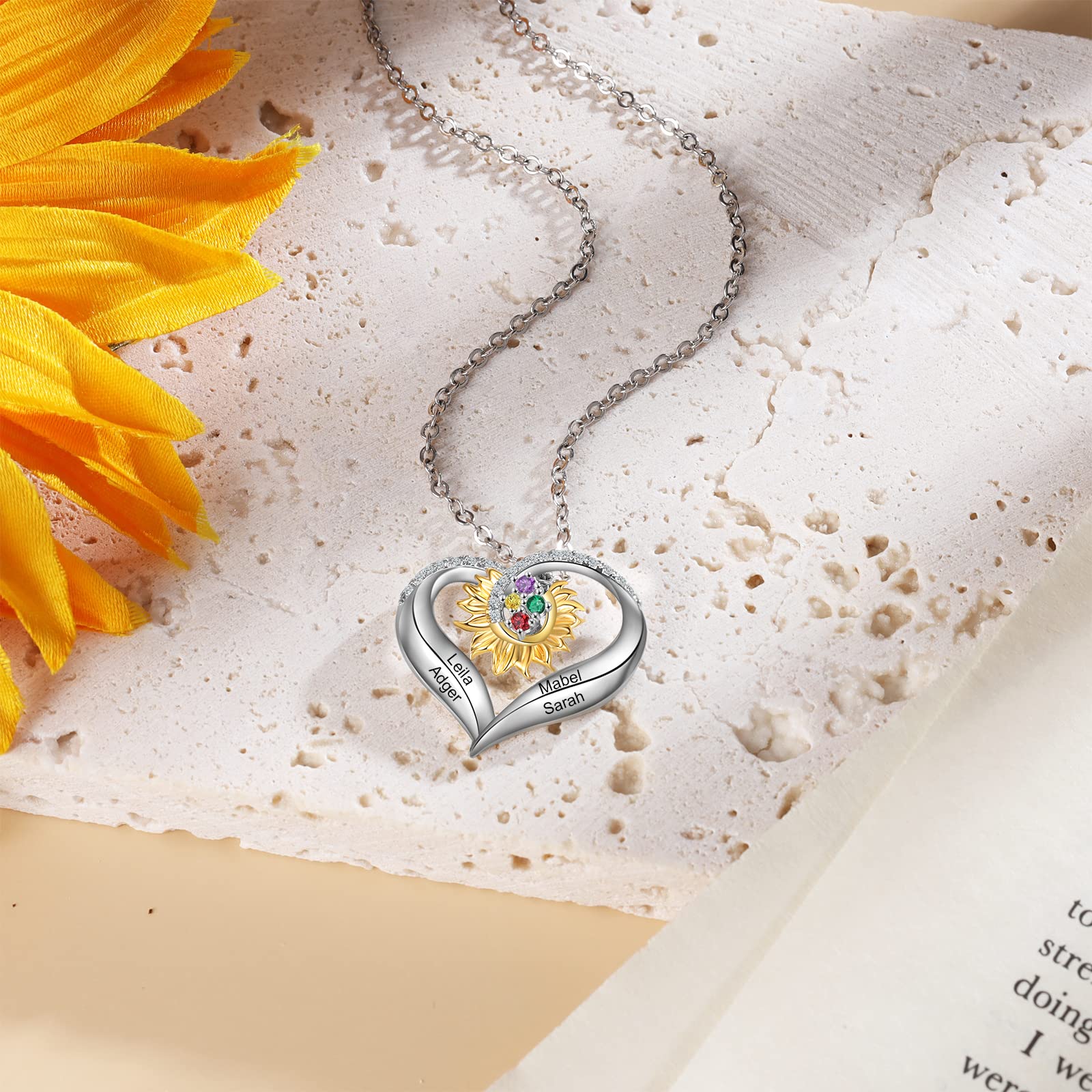 Personalized Sunflower Heart Necklace for Women - Custom Name & Birthstone Jewelry - Mother's Day Gift for Mom, Wife, Grandmother - Perfect for Birthdays, Anniversaries & Special Occasions