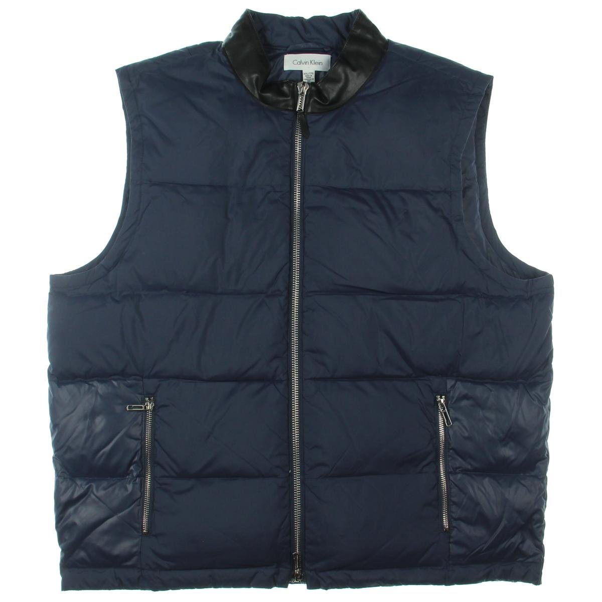 Calvin Klein Men's Lightweight Nylon Down Vest with Faux Leather Collar - Warm Winter Puffer Jacket for Outdoor Activities & Casual Wear