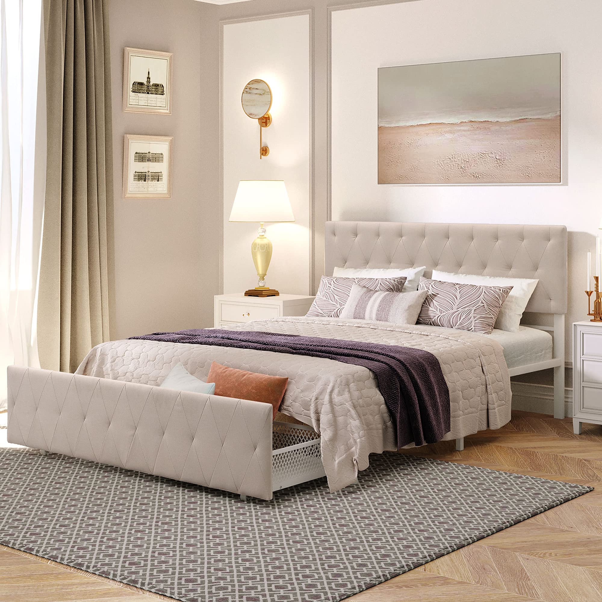 Queen Size Platform Bed with Storage Drawers & Upholstered Headboard - Modern Metal Frame Bed for Bedroom, Guest Room & Small Spaces - Easy Assembly & Sturdy Support for Mattress