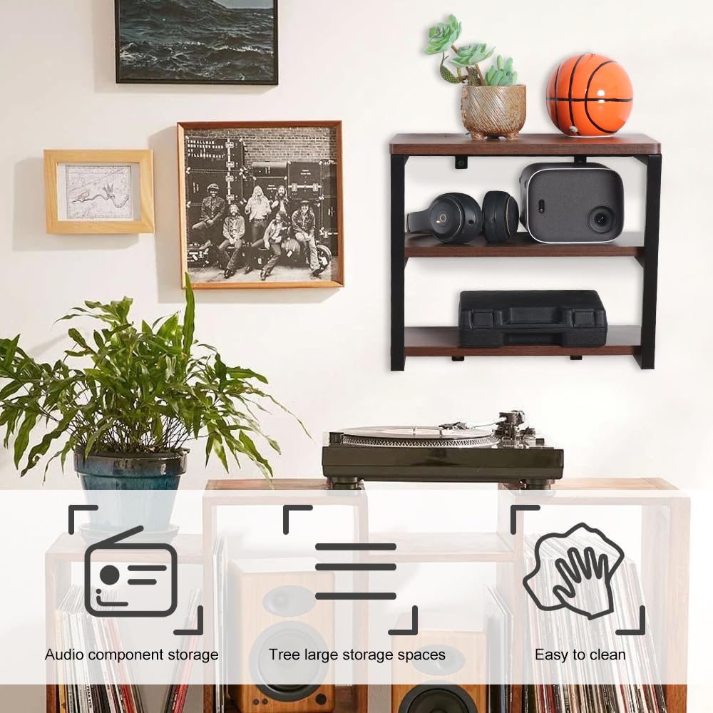 LUCKUP Floating Wall Shelves - Wall Mounted Wood AV Media Stand with 3 Shelves & Reinforced Steel Frame - Perfect for Home Theater, Living Room Entertainment Center & Bedroom Storage