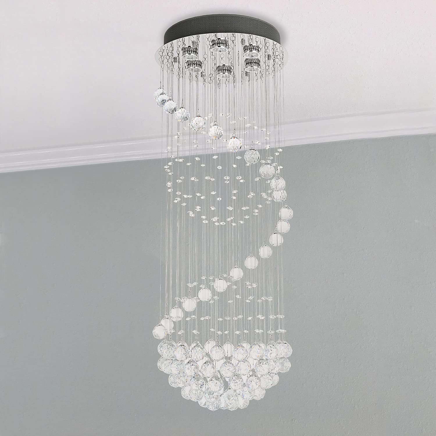 Modern Crystal Chandelier Lighting - Clear K9 Glass Ceiling Light Fixture, Luxurious Spiral Sphere Flush Mount for Living Room, Hallway, Foyer, Entryway & Corridor (15.7
