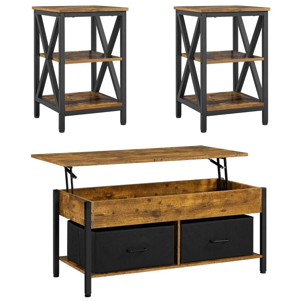 Yaheetech 3-Piece Living Room Table Set - Lift Top Coffee Table with Hidden Storage & 2 Tiered Side Tables, Rustic Brown - Perfect for Small Spaces, Apartments & Cozy Home Decor