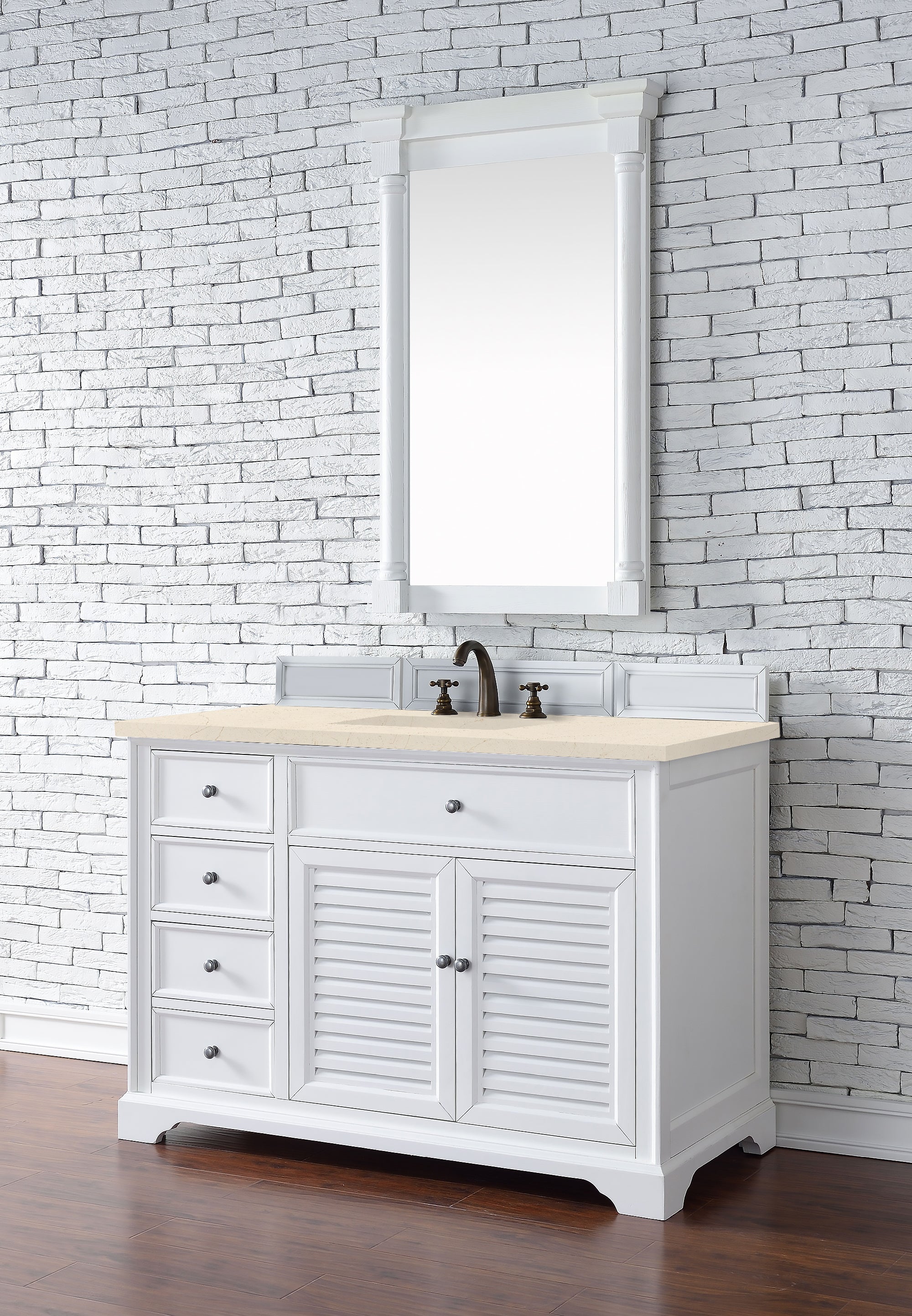 Savannah 48-Inch Single Bathroom Vanity Cabinet in Bright White with 3CM Eternal Marfil Quartz Countertop - Perfect for Modern Master Bathrooms & Guest Suites
