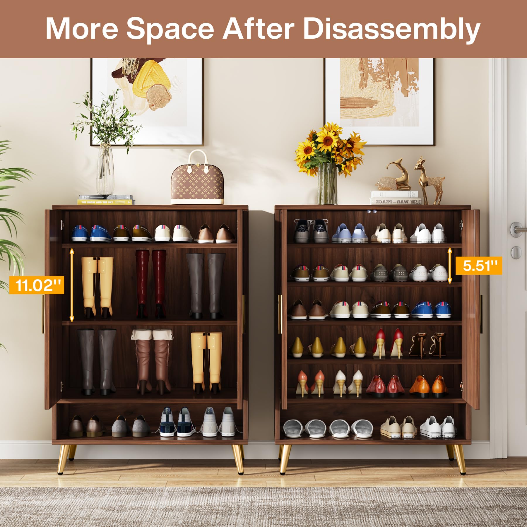 Tribesigns 6-Tier Wooden Shoe Storage Cabinet with Doors - Holds 24 Pairs of Shoes, Adjustable Shelves for Entryway, Living Room & Bedroom - Walnut Finish with Gold Legs - Perfect for Small Space Organization & Home Decor