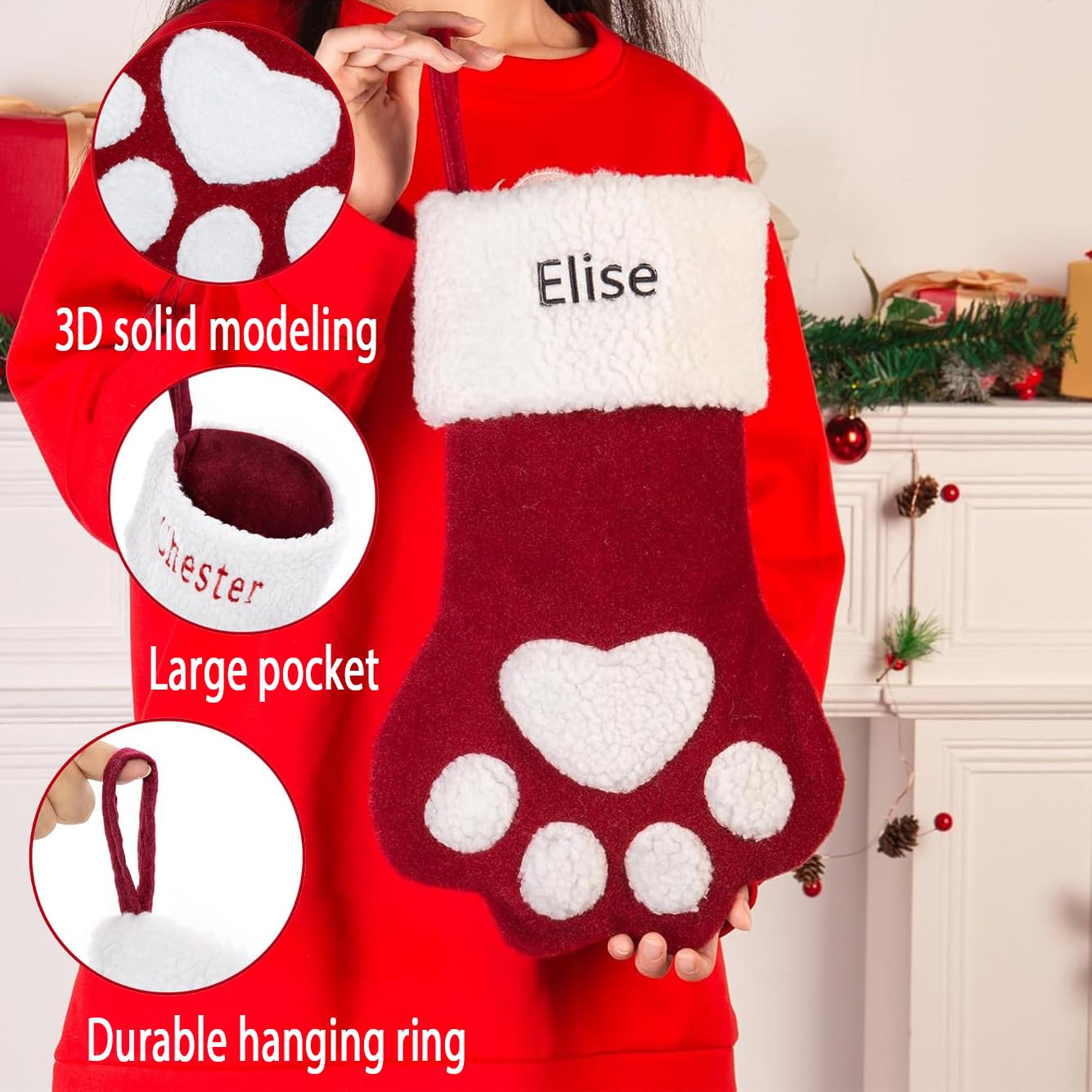 Personalized Embroidered Pet Christmas Stocking for Dogs & Cats - Large Custom Name Pet Stocking with Paw Design, Holiday Fireplace Hanging Decor (1 Piece) | Perfect for Family Christmas Celebrations & Pet Lover Gifts