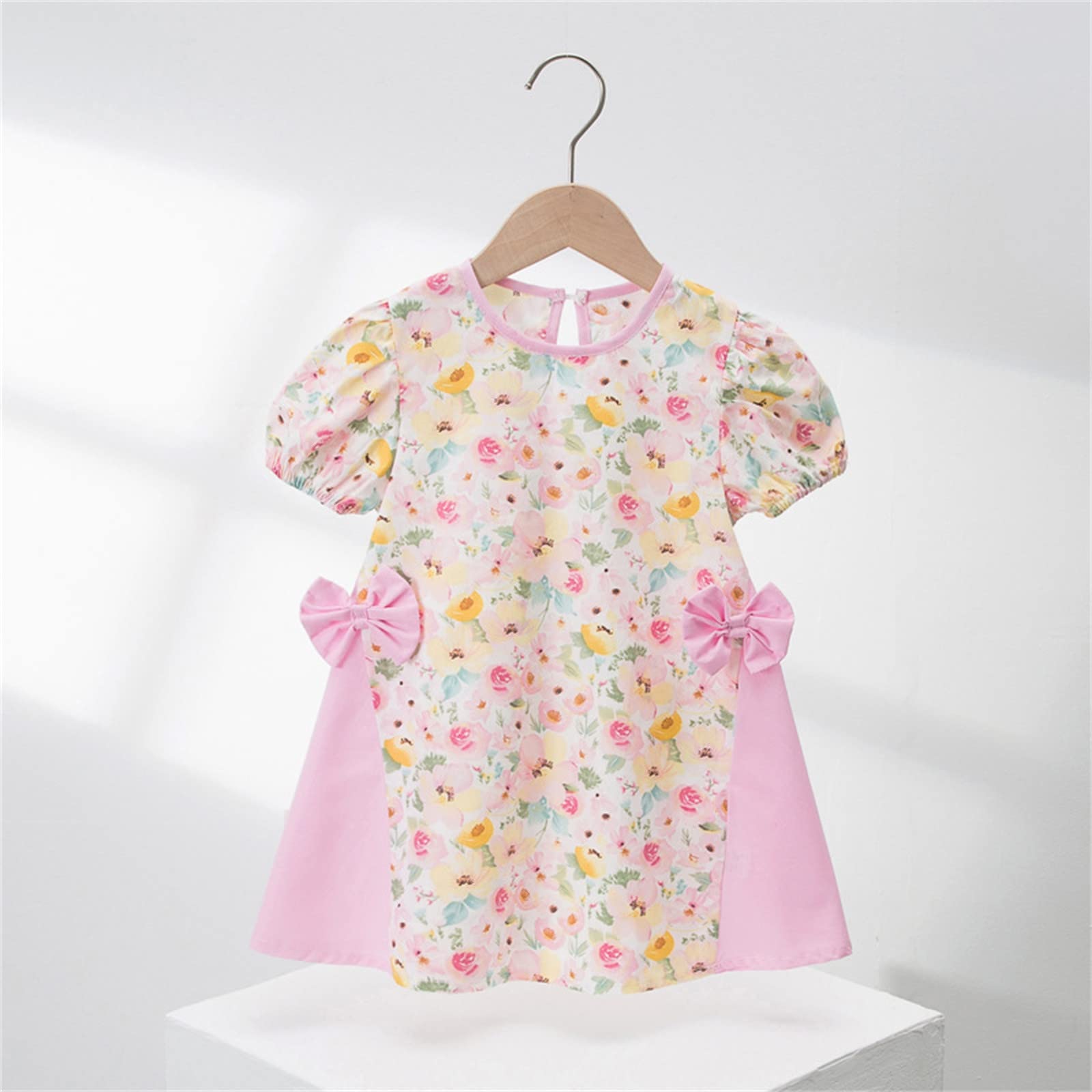 Girls' Floral Patchwork Princess Dress with Bubble Sleeves & Bowknot - Toddler & Kids Summer Outfit for Parties, Photos & Special Occasions