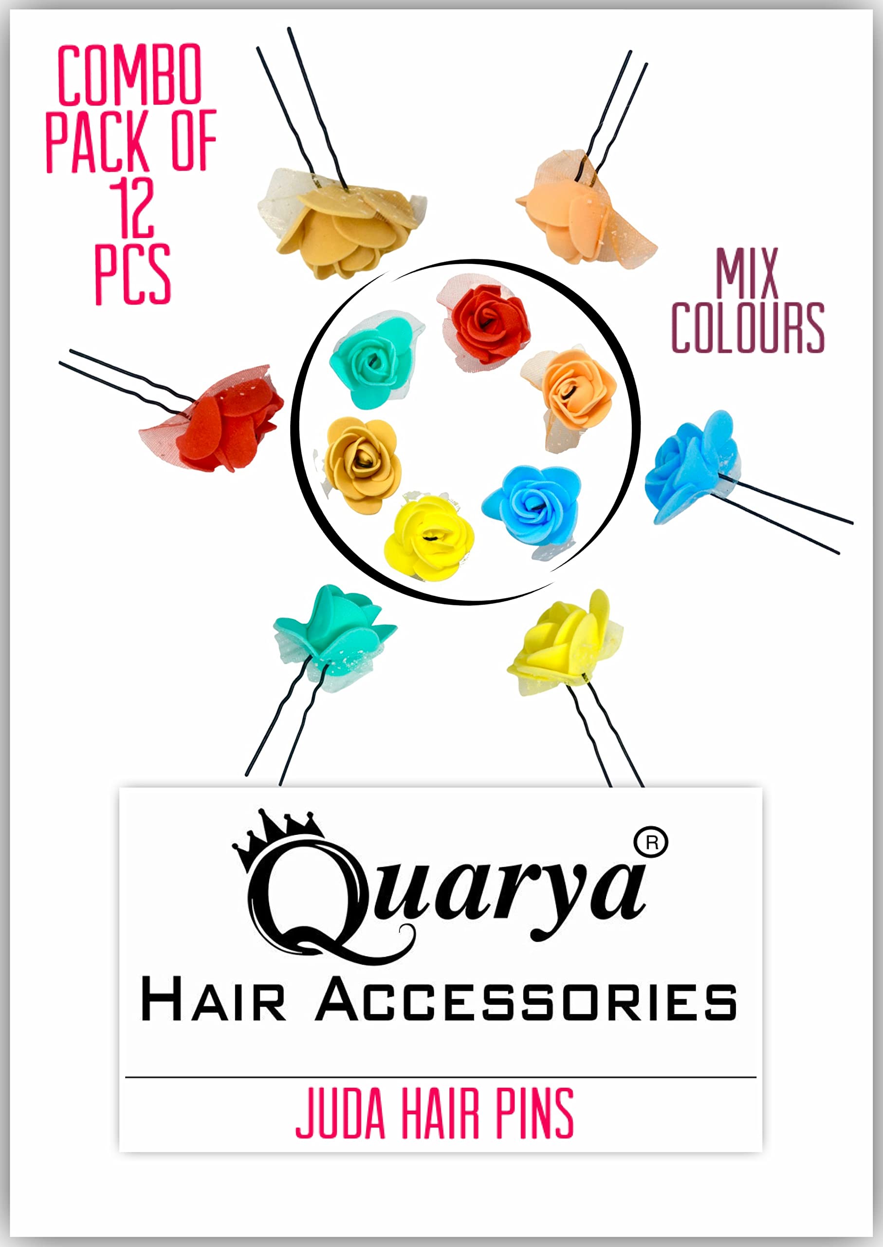 Quarya U-Shaped Hair Pins for Women - 12 Pack Metal Bun Pins with Rose Flowers, Black Multi-Color Hair Accessories | Perfect for Updos, Buns, Braids & Wedding Hairstyles