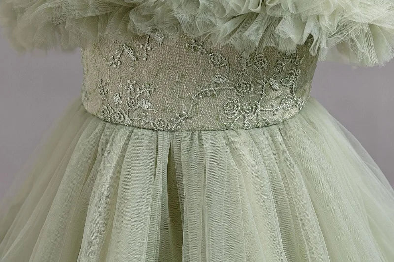 Girls Puff Sleeve Off Shoulder Princess Dress with Bow & Mesh Skirt - Elegant Party Dress for Kids 4-12 Years | Perfect for Birthday Parties, Pageants & Special Occasions