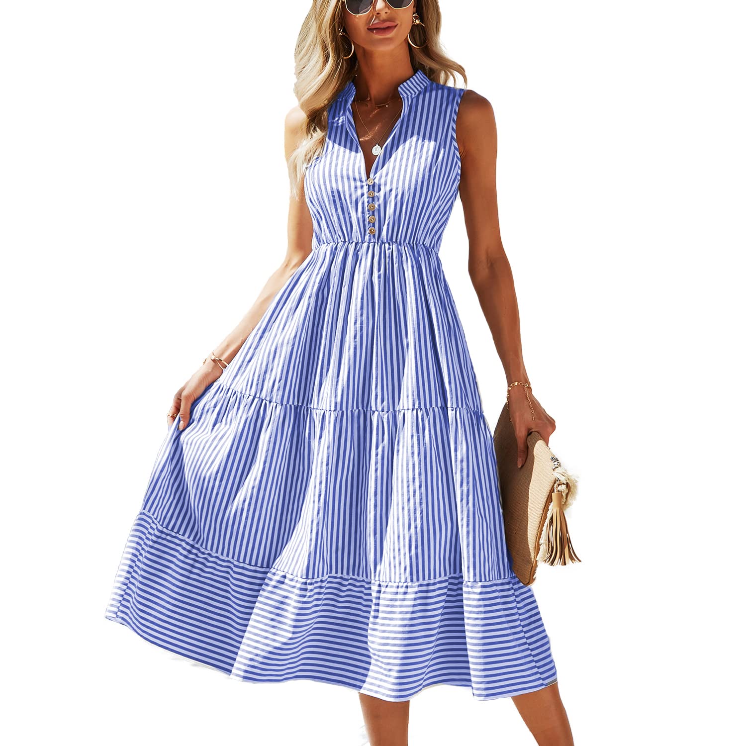 BROVAVE Women's 2025 Summer Sleeveless Striped V-Neck Collar Shirt Dress - Casual Midi Dress for Beach, Vacation & Everyday Wear