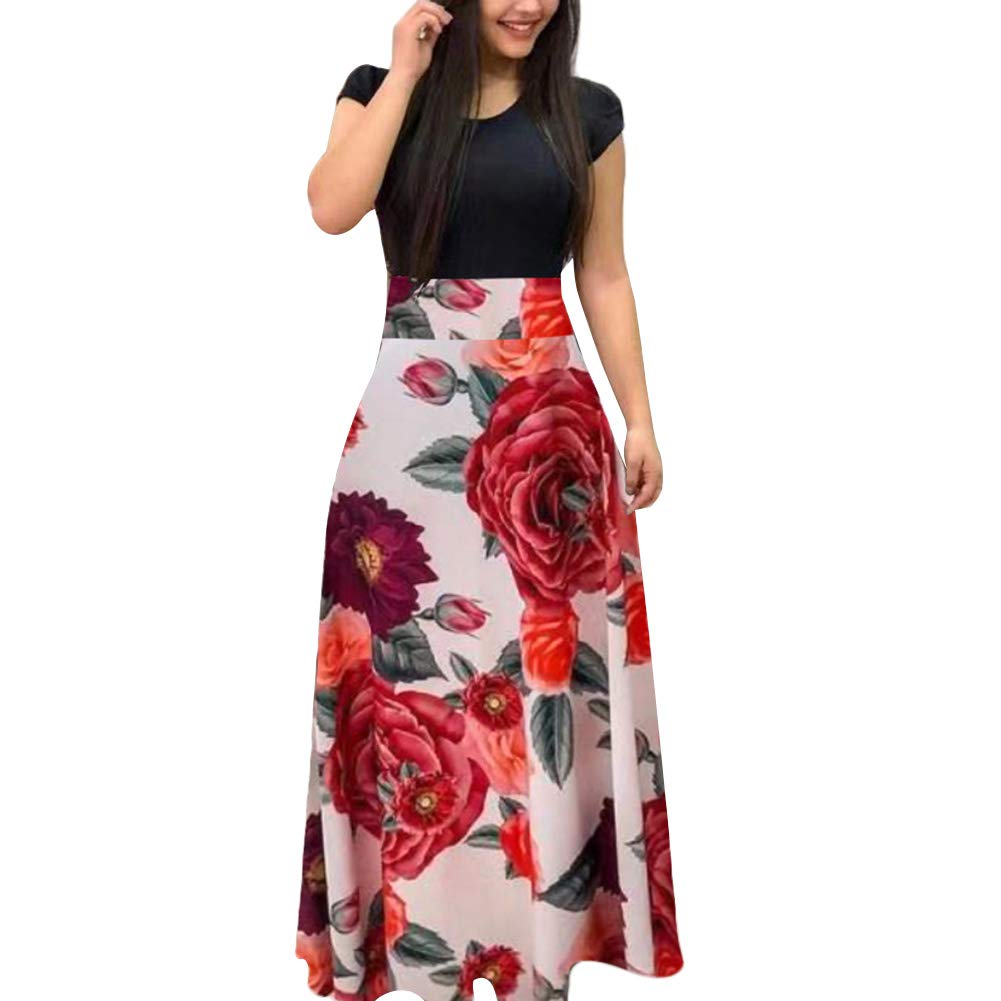 GLOA Women's Casual Floral Printed Short Sleeve Patchwork Swing Maxi Dress - Perfect for Prom, Cocktail Parties & Summer Outings