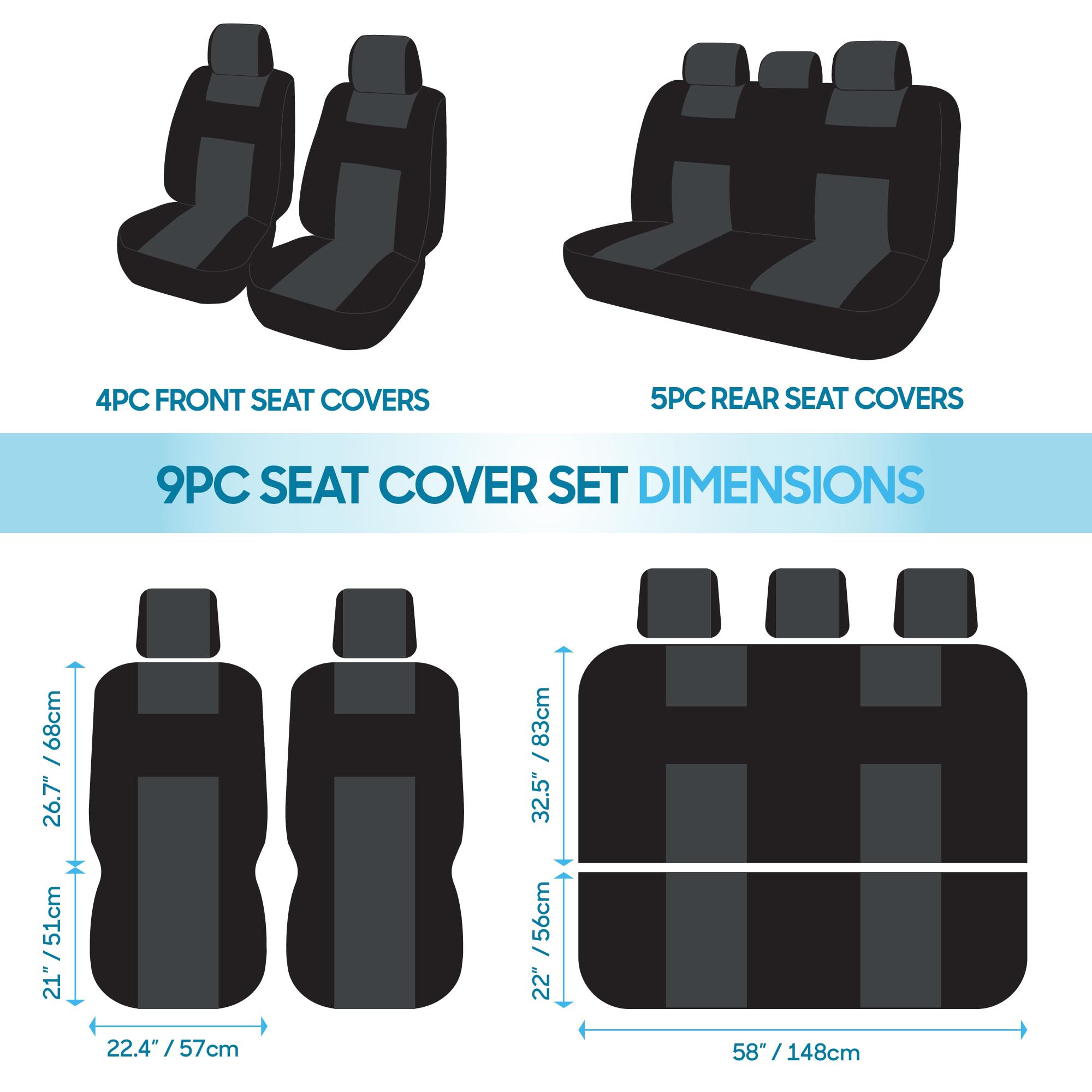 BDK PolyPro Car Seat Covers Full Set - Charcoal Front & Rear Split Bench Seat Covers for Cars, Trucks, Vans & SUVs | Easy Installation | Perfect for Road Trips, Daily Commute & Pet Protection