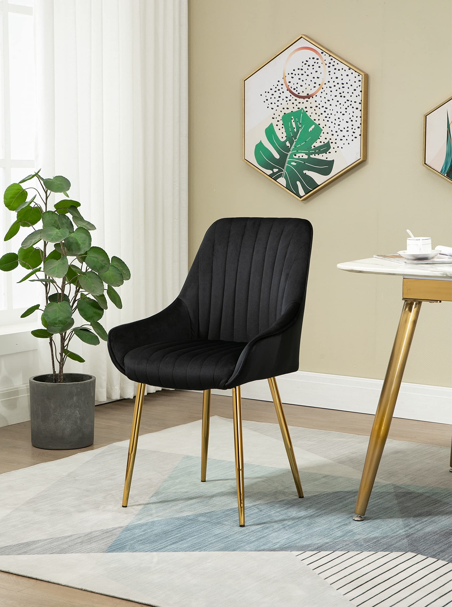 Velvet Upholstered Dining Chair with Gold Legs - Elegant Tufted Living Room & Bedroom Vanity Chair, 250lbs Capacity - Perfect for Dining Room, Home Office & Lounge (Black)