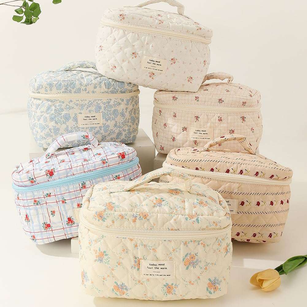 JQWSVE Floral Coquette Makeup Bag - Large Cotton Quilted Cosmetic Pouch for Travel, Toiletries & Essentials | Aesthetic Cute Design for Women & Teens | Perfect for Vacation, Gym, Daily Use & Gift Giving