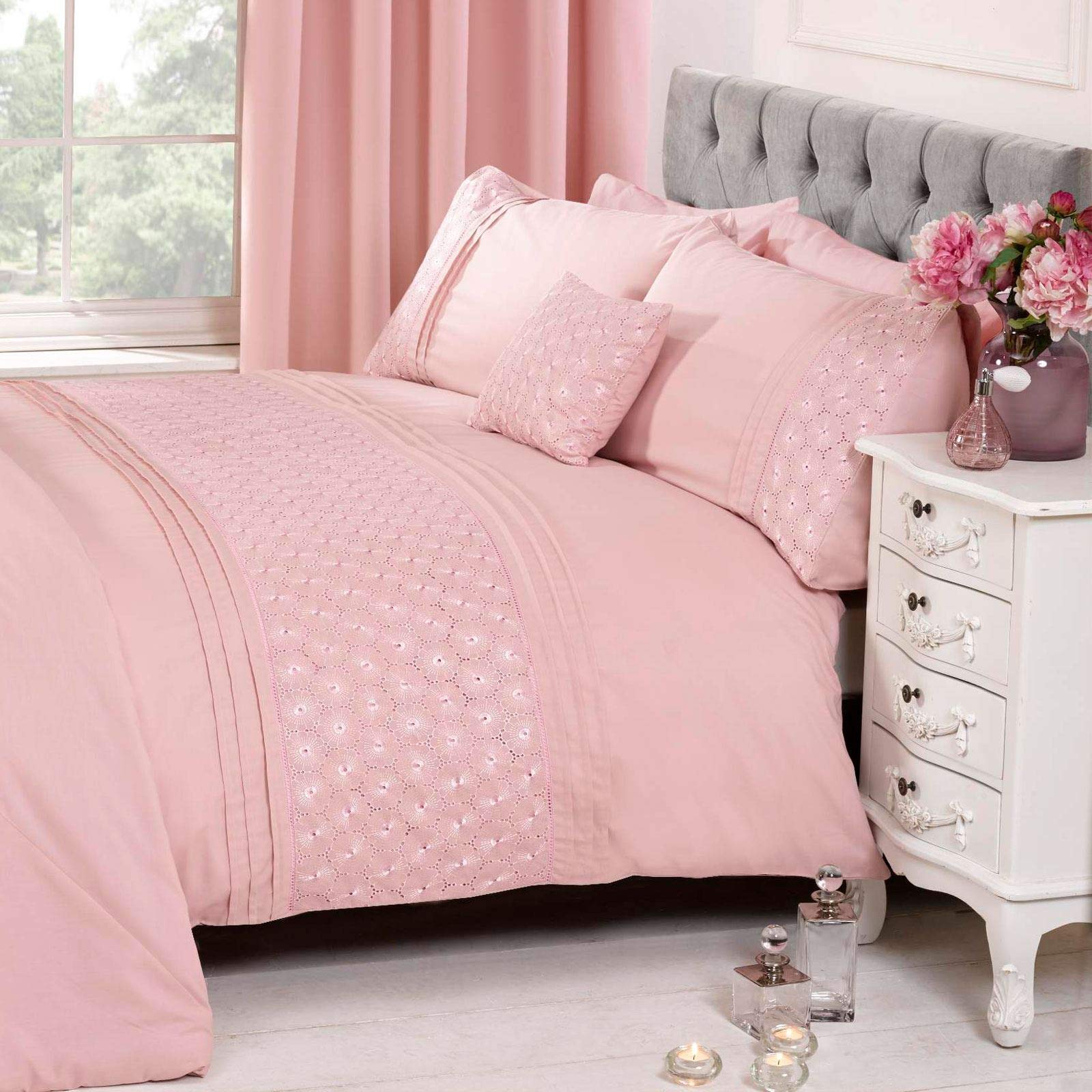 Floral Super King Quilt Duvet Cover Set - Embroidered Pink Luxury Bedding with 2 Pillowcases | Elegant Bedroom Decor for Master Bedroom, Guest Room & Hotel Styling