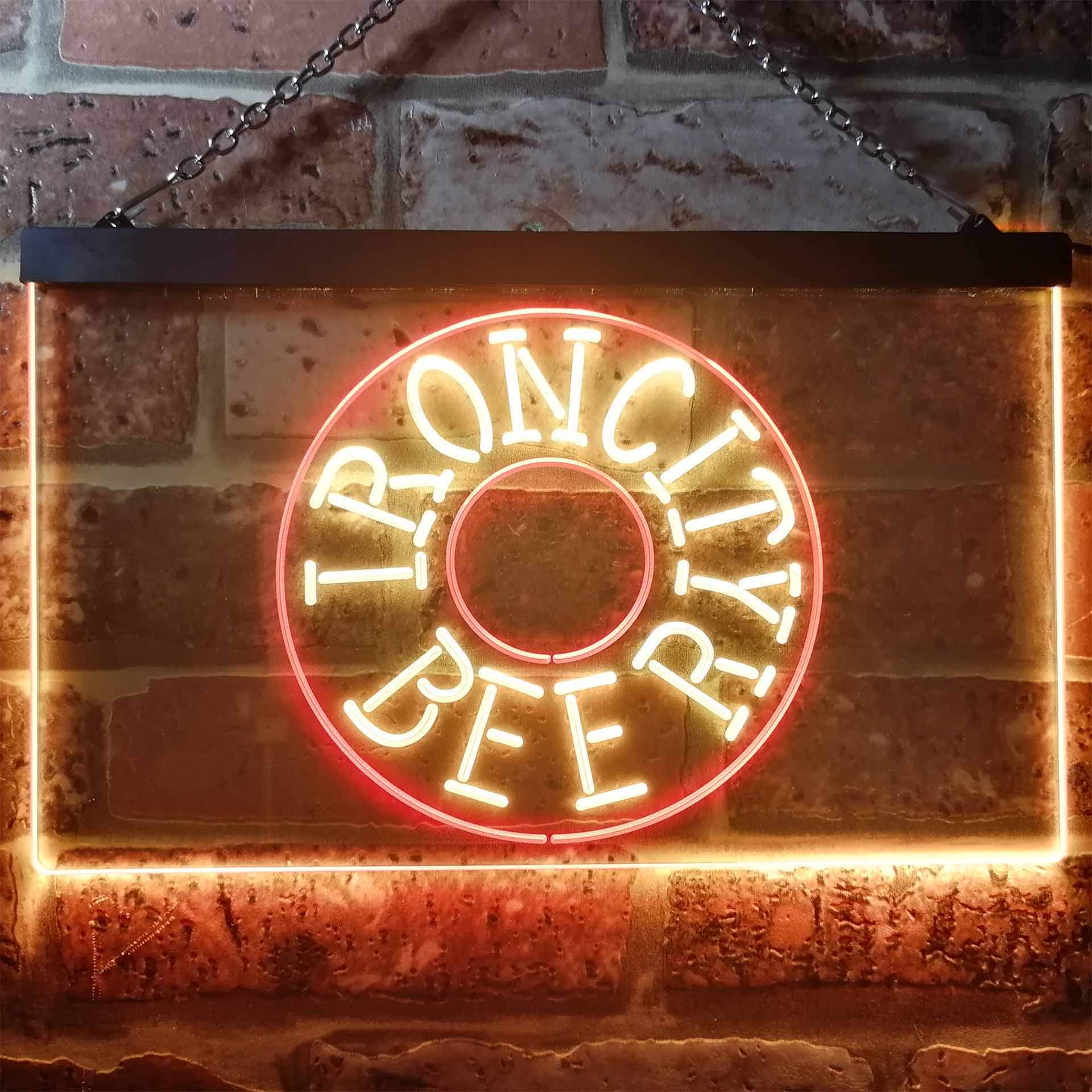CHUZI Pub Irons City Beer Wall Decor LED Neon Sign - Red & Yellow Man Cave Light (16x12 Inches) - Perfect for Bars, Game Rooms & Home Decor