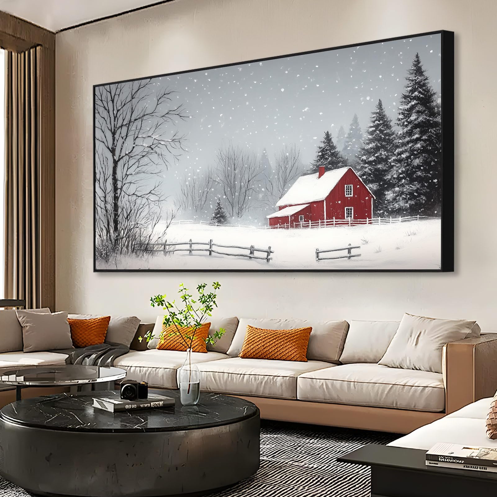Farmhouse Winter Canvas Wall Art - Snowy Landscape with Red Barn & Trees - Gold Framed 23x13 inch (60x35cm) - Perfect for Living Room, Bedroom & Office Decor