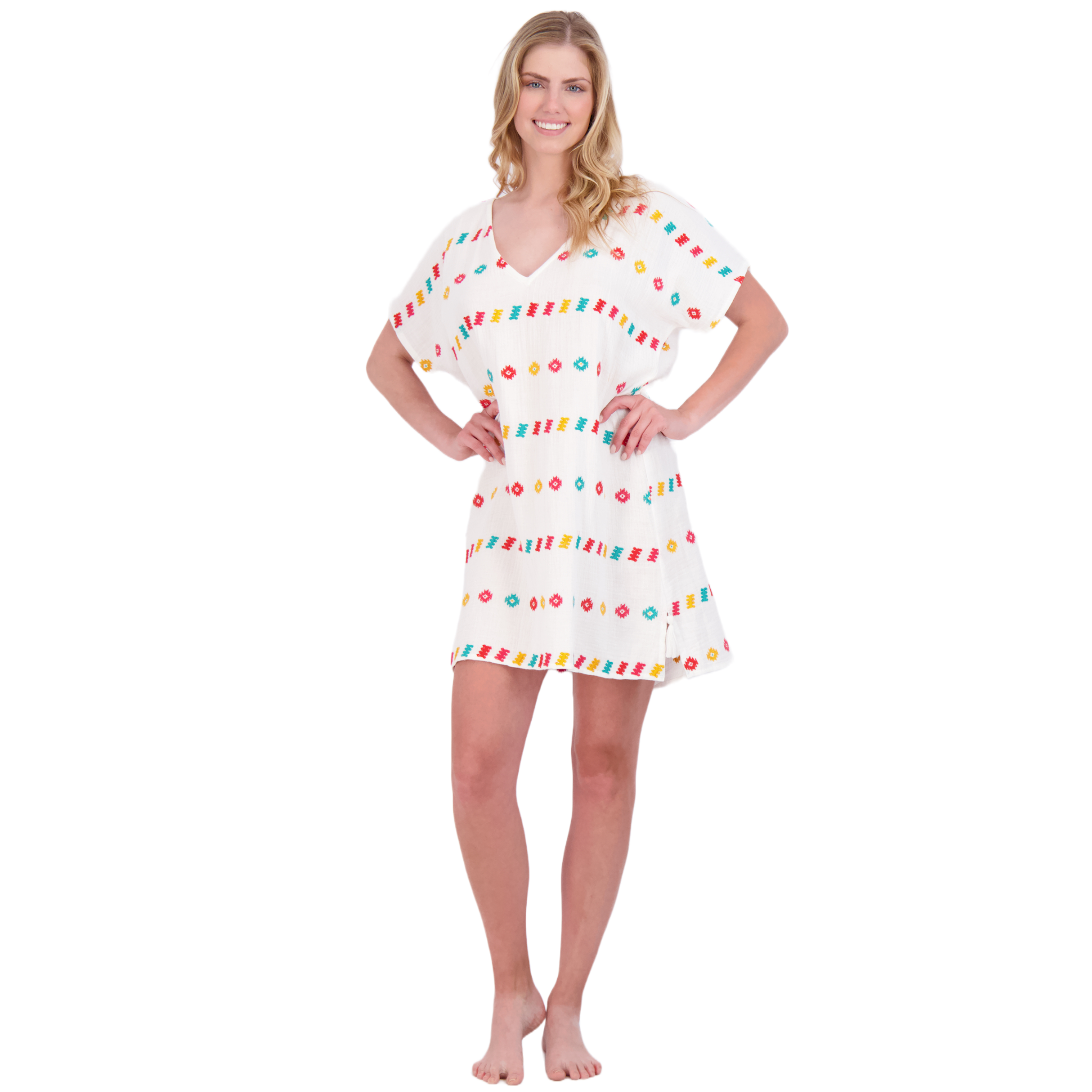 Capucine Women's Mini Caftan Dress - White Embroidery Flowy Summer Beach Cover Up for Vacation, Pool Party & Boho Outfit