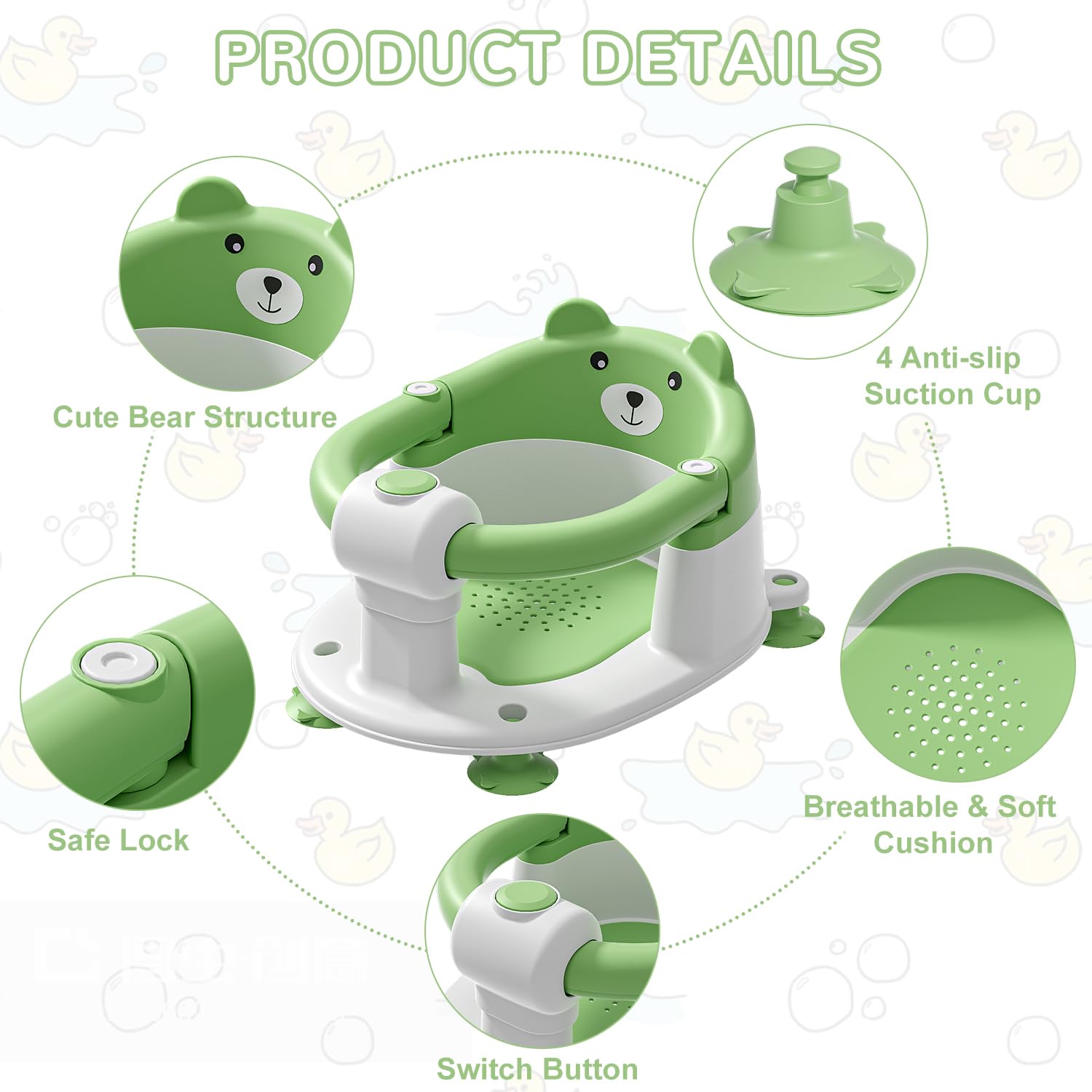 **Non-Slip Baby Bath Seat for Infants 6+ Months – Safe Toddler Bathtub Chair with 4 Suction Cups & Soft Cushion – Perfect for Newborns Learning to Sit Up – Ideal for Shower & Bath Time (Green)**