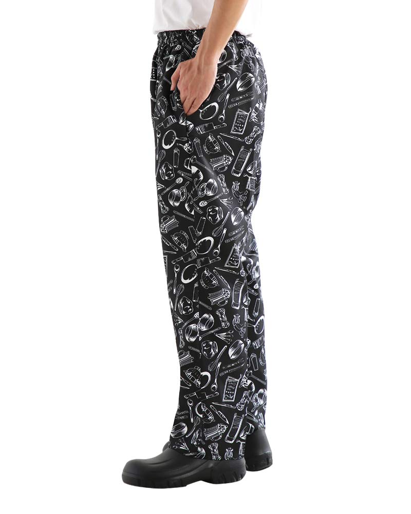 Men’s & Women’s Baggy Printed Chef Pants - Elastic Waist Floral Restaurant Work Pants for Kitchen Staff & Culinary Professionals | Comfortable Uniform for Cooking, Baking & Food Service