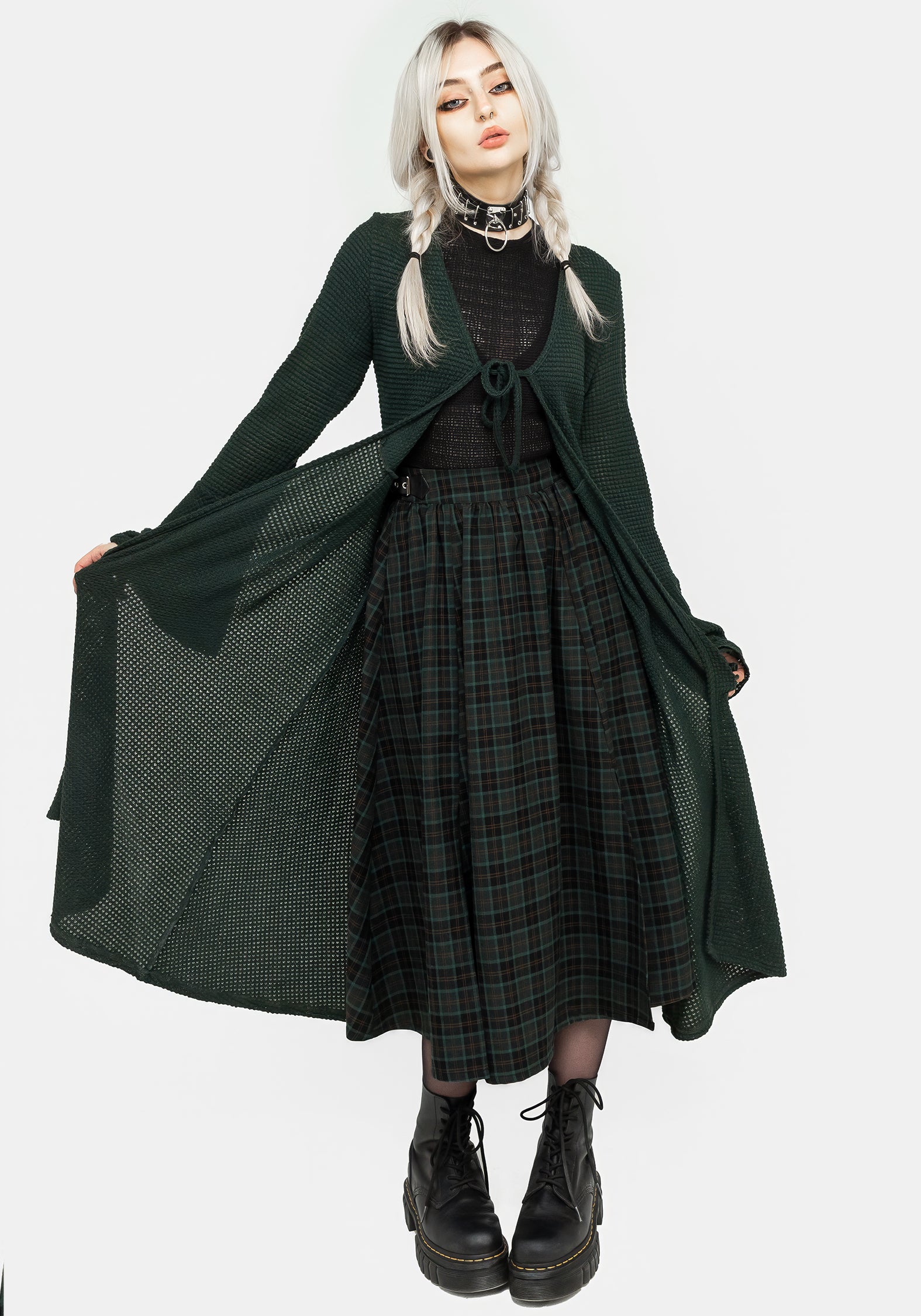 Elegant Nightingale Buckled Check Midi Skirt for Women - Vintage Plaid A-Line Skirt with Adjustable Belt - Perfect for Office, Date Night & Fall Fashion