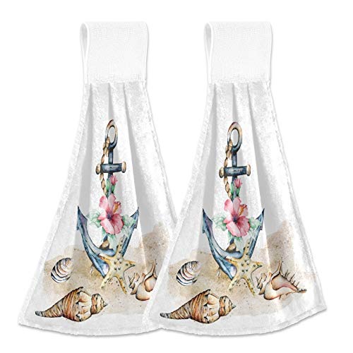 Nautical Anchor & Seashells Absorbent Kitchen Hand Towels - 2 Pack Hanging Towels with Loops for Bathroom, Kitchen & Home Decor | Perfect for Beach House, Coastal Theme & Summer Decor