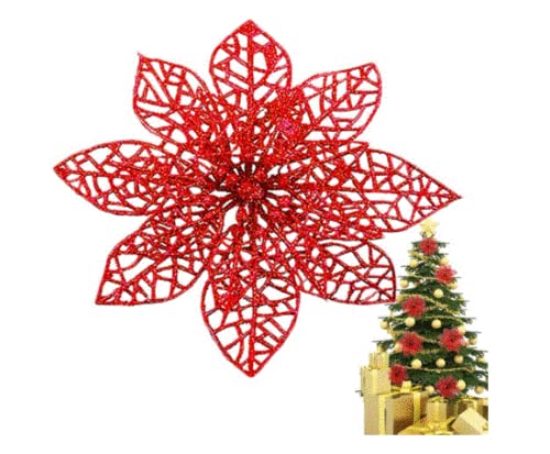NRG STR - 30 Pcs Glitter Poinsettia Christmas Flowers Hanging Decorations for Tree, Xmas Party & Holiday Home Decoration | Perfect for Christmas Tree Ornaments, Mantel Decor, and Festive Wall Hangings