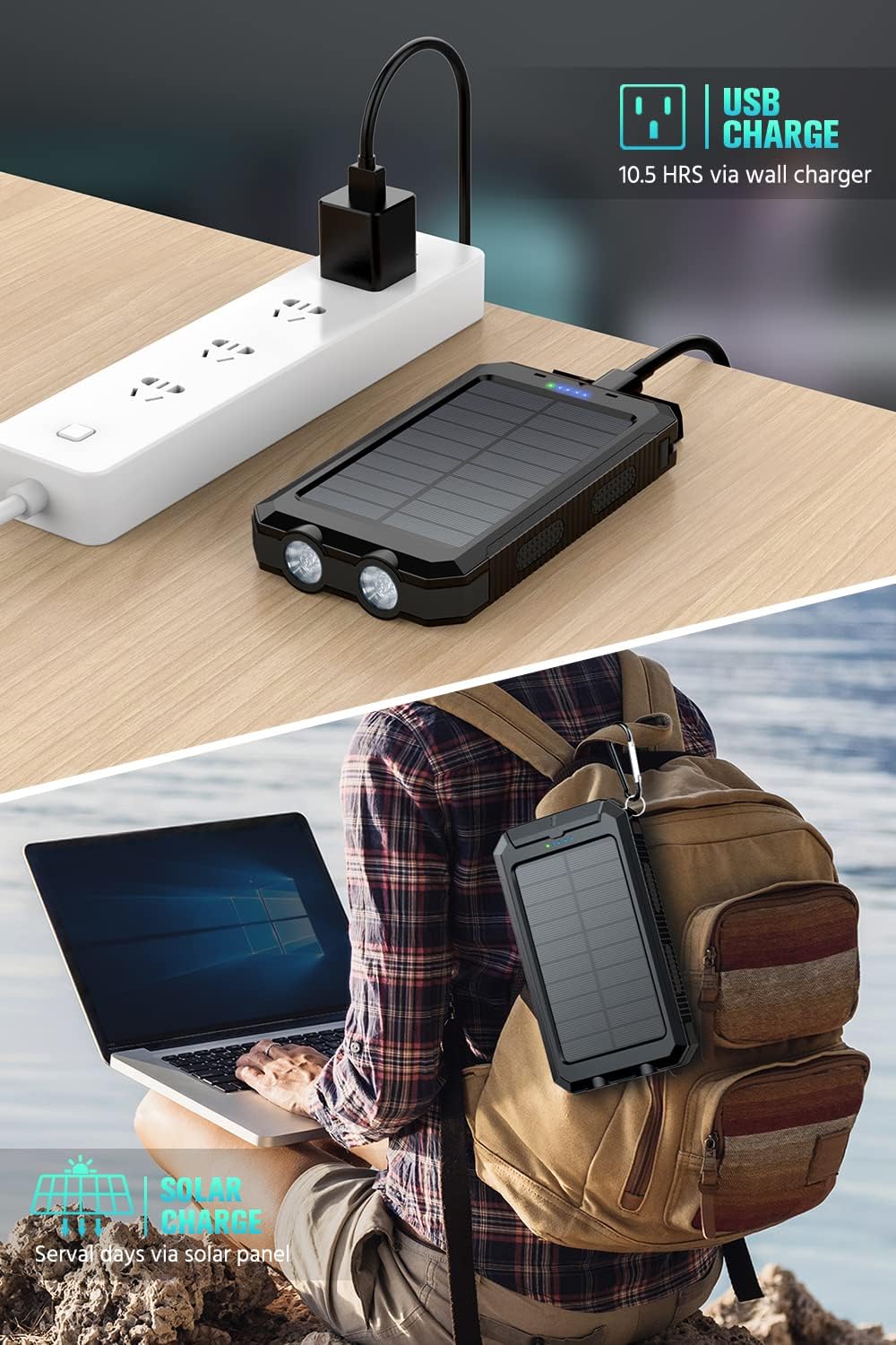 Feeke 36800mAh Solar Power Bank with QC3.0 Fast Charging, Dual USB Ports, Built-in LED Flashlight & Compass - Portable Charger for iPhone, Android Phones, Tablets & Electronic Devices - Perfect for Camping, Hiking & Outdoor Adventures (Black)