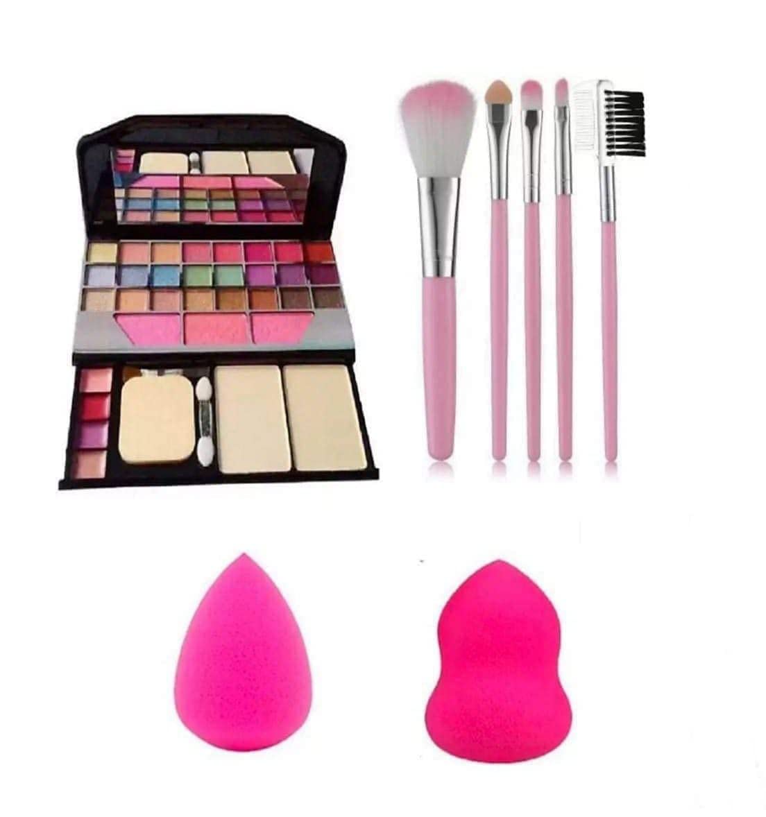 Qul.W Tya 6155 5-Piece Pink Makeup Brush Set with 2 Blender Puff Sponges - 8-Piece Complete Makeup Kit for Professional & Everyday Beauty - Perfect for Foundation, Contouring, and Blending