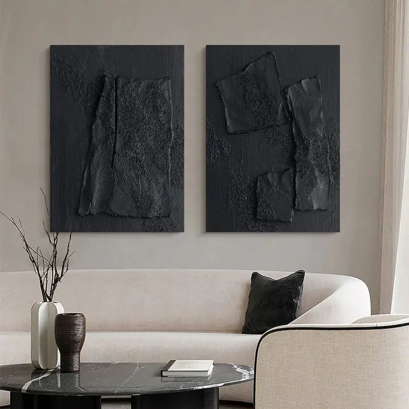 Minimalist Black Plaster Art Textured Paintings - Set of 2 Modern Abstract Wall Decor #MZ026 - Perfect for Living Room, Bedroom & Office Decor