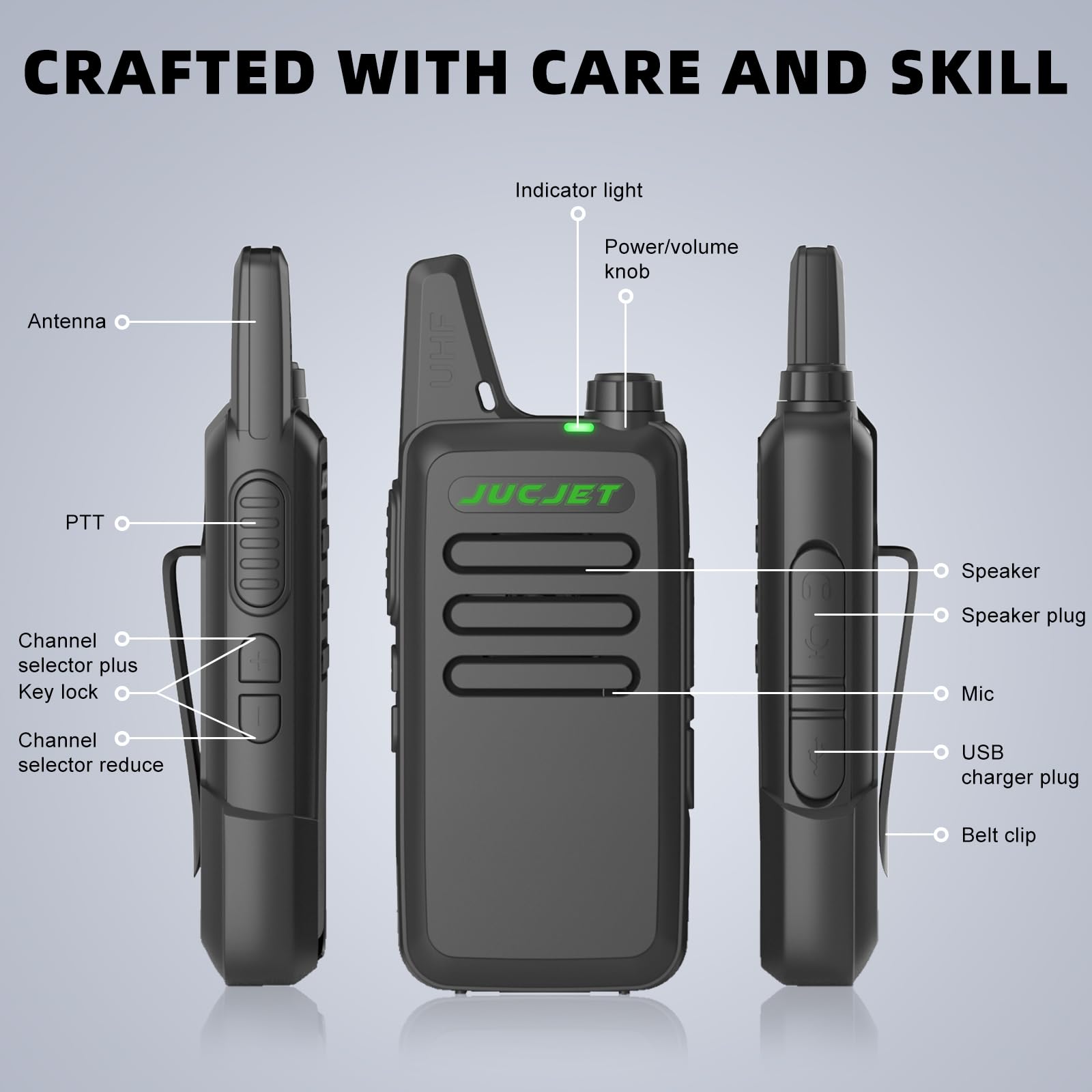 JUCJET T20 Rechargeable Walkie Talkies for Adults - 16 Channel VOX Hands-Free Two-Way Radios, Compact Outdoor PMR Radio with Clear Sound (2 Pack) - Perfect for Hiking, Camping, Construction & Emergency Communication