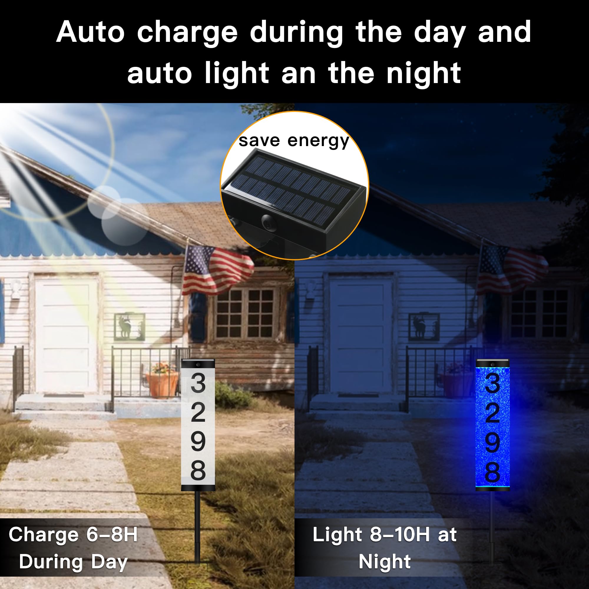 Solar Powered LED Illuminated House Numbers - Outdoor Address Sign with Acrylic Plaque & Iron Stakes (2 Pack) - Modern Lighted Home Street Yard Decor for Easy Nighttime Visibility